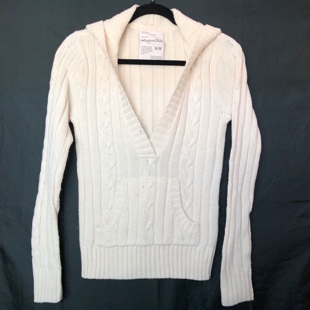 Aeropostale White Cable Knit Hooded Sweater